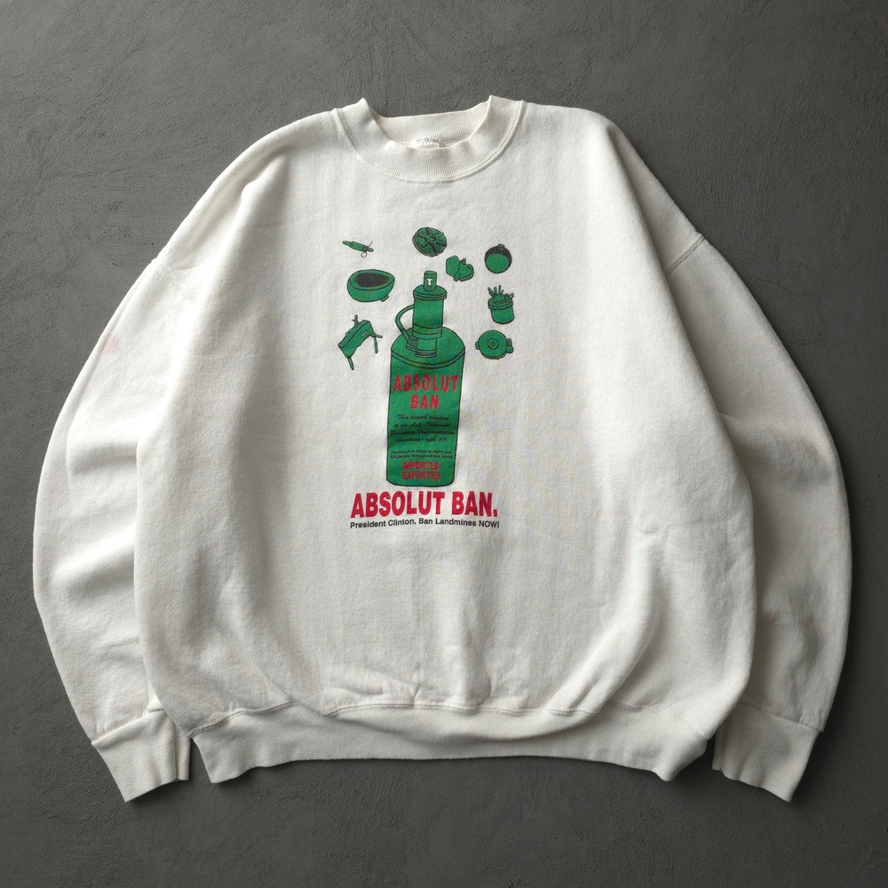 Vintage 90s Fruit of the Loom White Sweatshirt XL Absolut Ban Landmines